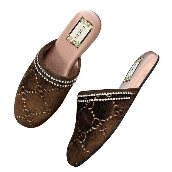GUCCI Queen GG Dark Brown Velvet Mules Slippers with Crystals Size 38 NIB - Picture 1 of 8